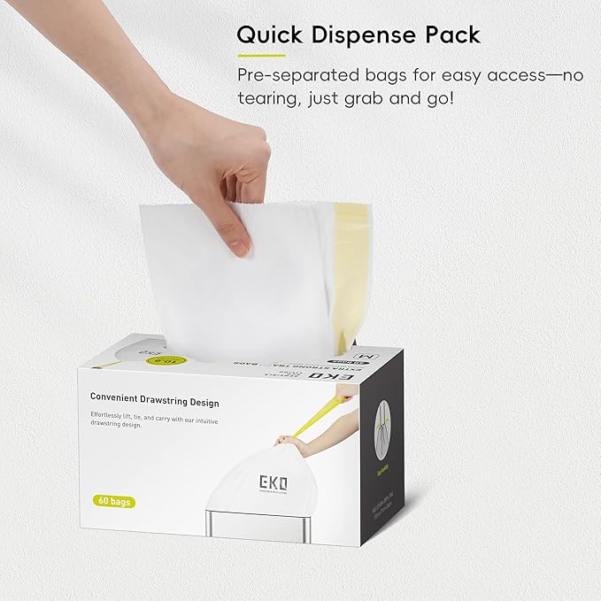 EKO 10.6 Gallon / 35–40 Liter Drawstring Trash Bags, 60 Count Heavy-Duty Tall Kitchen Garbage Can Liners, Extra-Strong Leak-Resistant, Unscented, White, Code M