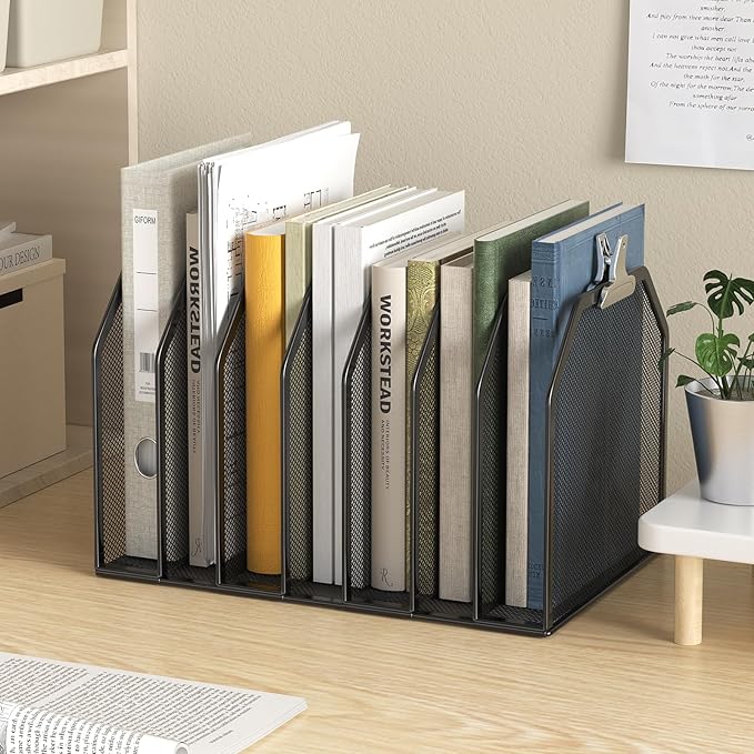 Metal 7-Section File Folder Organizer for Desk | Vertical Office File Holder | Heavy-Duty Mesh Document Sorter for Books, Binders, Laptops | Black Desk Organizer (12.8”x8.5”x7.9”)