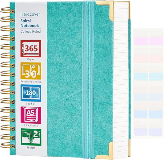 Spiral Notebook, 365 Page Hardcover Leather Notebook Journal, Large A5 Lined Journal for Women Men, College Ruled Notebooks for Work School, Journals for Writing, 24pcs Index Tabs, 5.5" x 8.5", Teal