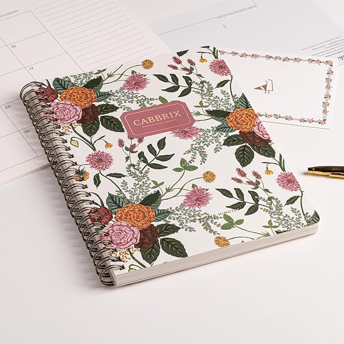 Cabbrix Spiral Notebook, 160 Ruled Pages 8.5" x 6.25" Journal, Inner Storage Pocket Folders with Customized Sticky Notes, Double-Spiral Binding, Cloth Patterned Special Paper Front & Back Cover (Marigold)