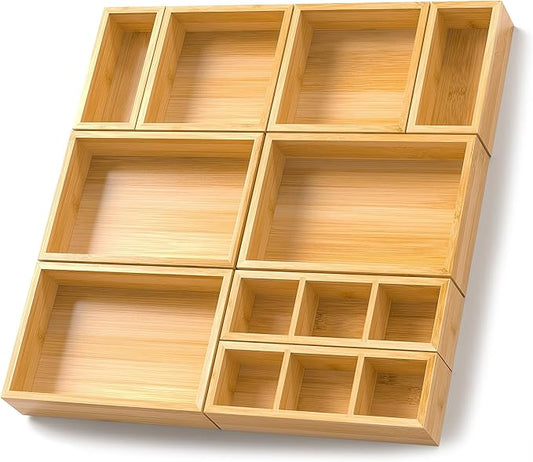 Bamboo Drawer Organizer, Set of 9 Wood Kitchen Junk Tea Desk Office Tray, Wooden Storage Boxes Organizers for Bathroom, Office (2" H 9 Boxes)