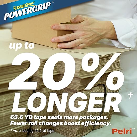 POWERGRIP Transparent Packing Tape, Heavy Duty & Crystal Clear, 6 Rolls with Dispensers, Total 393 YD, 65.6 YD x 1.88", Strong Adhesion for Boxes, Packaging, Shipping, and Moving Supplies, XE75
