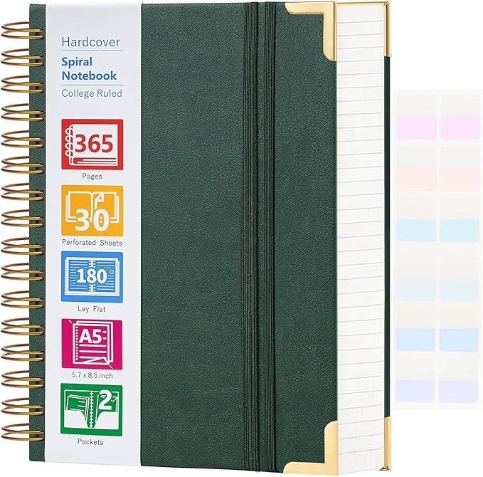 Spiral Notebook, 365 Page Hardcover Leather Notebook Journal, Large A5 Lined Journal for Women Men, College Ruled Notebooks for Work School, Journals for Writing, 24pcs Index Tabs, 5.5" x 8.5", Green