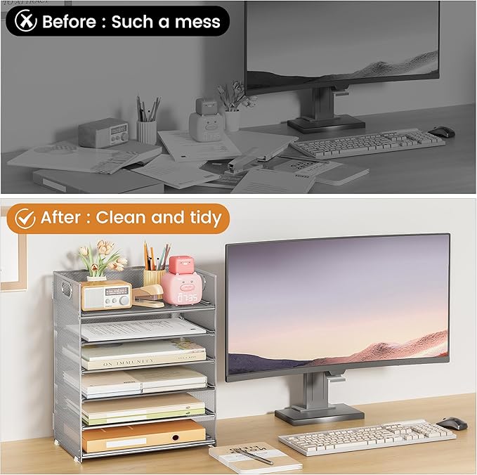 Subekyu 6 Tier Paper Organizer for Desk with Handle, Metal Mesh Desk Office File Folder Paper Letter Tray Accessories Organizer Sorter for Home, School, Office Desktop Document Organization - Silver