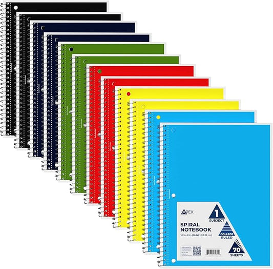 Spiral Notebook, College Ruled Notebooks, 70 Sheets, Single Subject, Notebooks Bulk, 6 Color Assortment, 3 Hole Perforated Sheets (12, College Ruled)