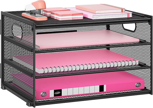Lavatino 3-Tier Letter Tray Desk Organizer, Mesh Metal Paper File Tray Organizer for Desk, Office Supplies & Home Organization, Fits A4 Paper, Mail, Magazines & Office Accessories (Black with Handle)