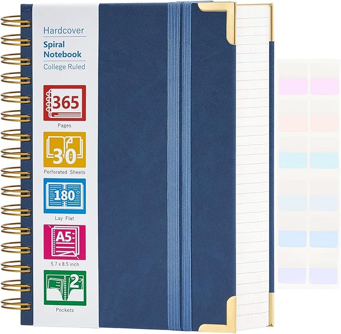 Spiral Notebook, 365 Page Hardcover Leather Notebook Journal, Large A5 Lined Journal for Women Men, College Ruled Notebooks for Work School, Journals for Writing, 24pcs Index Tabs, 5.5" x 8.5", Blue