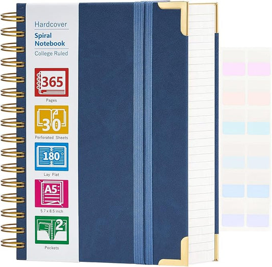 Spiral Notebook, 365 Page Hardcover Leather Notebook Journal, Large A5 Lined Journal for Women Men, College Ruled Notebooks for Work School, Journals for Writing, 24pcs Index Tabs, 5.5" x 8.5", Blue