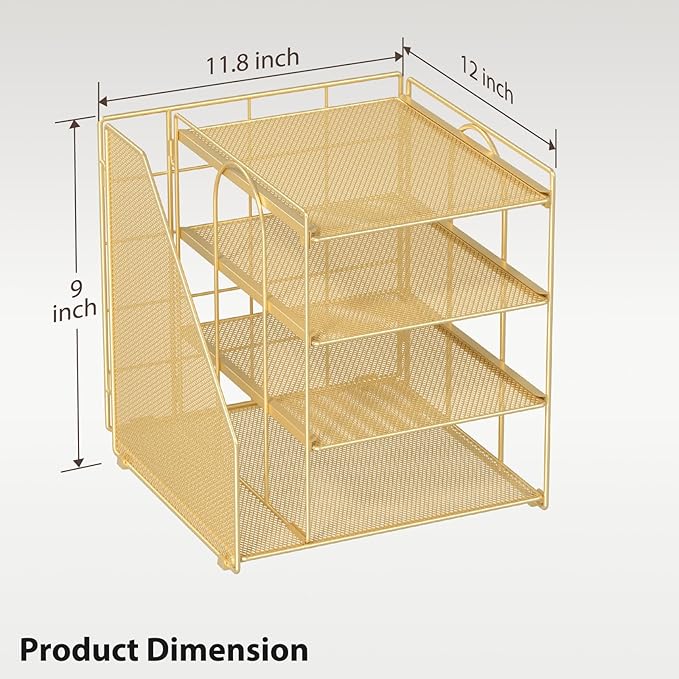 Gold Desk Organizer, 4-Tier Metal Paper Organizer for Desk with Vertical File Holder, Office Accessories and Desktop Storage for Office Supplies (Gold)