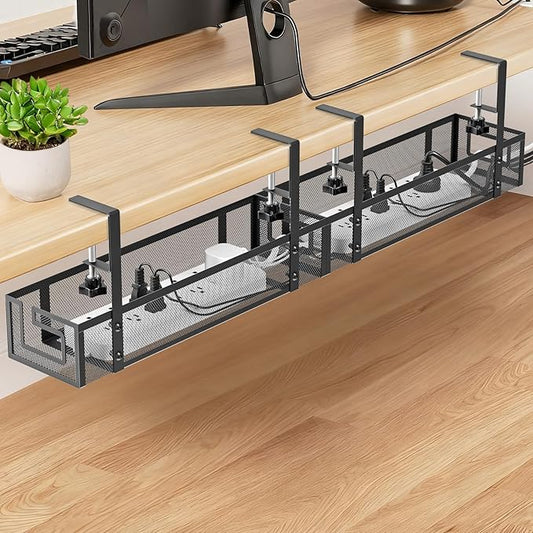 Under Desk Cable Management Tray - GZOKMOG No Drill Cord Organizer with Clamp, Reinforced Metal Mesh Workspace Organizers for Wire, Office Desk Accessories, 2 Pack Black, 15.75 inch
