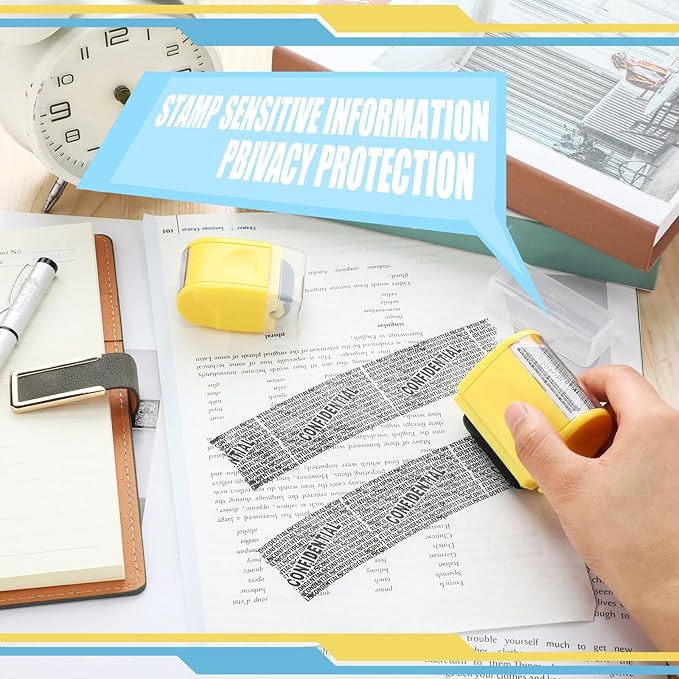 Nezyo 2 Pack Identity Protection Roller Stamp Identity Theft, Confidential, Privacy Roller Stamp Information Blocker and 4 Pack Refill Ink for ID Account Data Address Security(Yellow)