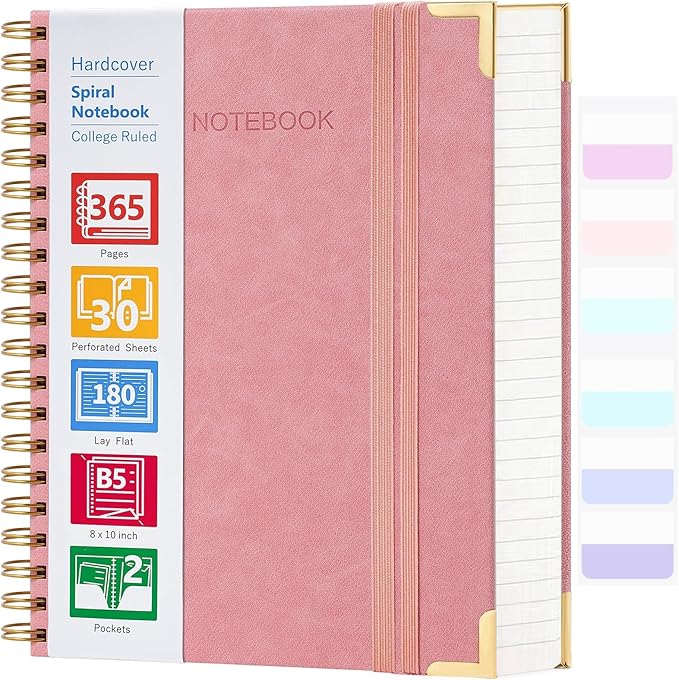 Spiral Notebook, 365 Page Hardcover Leather Notebook Journal, Large B5 Lined Journal for Women Men, College Ruled Notebooks for Work School, Journals for Writing, 24pcs Index Tabs, 8" x 10", Pink