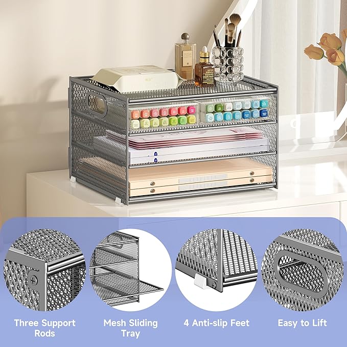 Subekyu Paper Letter Tray Organizer for Desk, Silver Metal Mesh Desk File Folder Sorter Organizer with Handle for Home Office School Supplies Organization