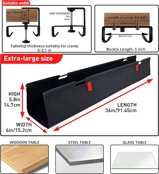 Under Desk Cable Management,No Drill 36",cord organizer,with Silicone Pads (No Scratch!)16 Cable Ties,Washable PE Honeycomb Base,Clamp/Screw Mount-Fits Any Desk 0-2.1",No Stinky Cardboard! Black