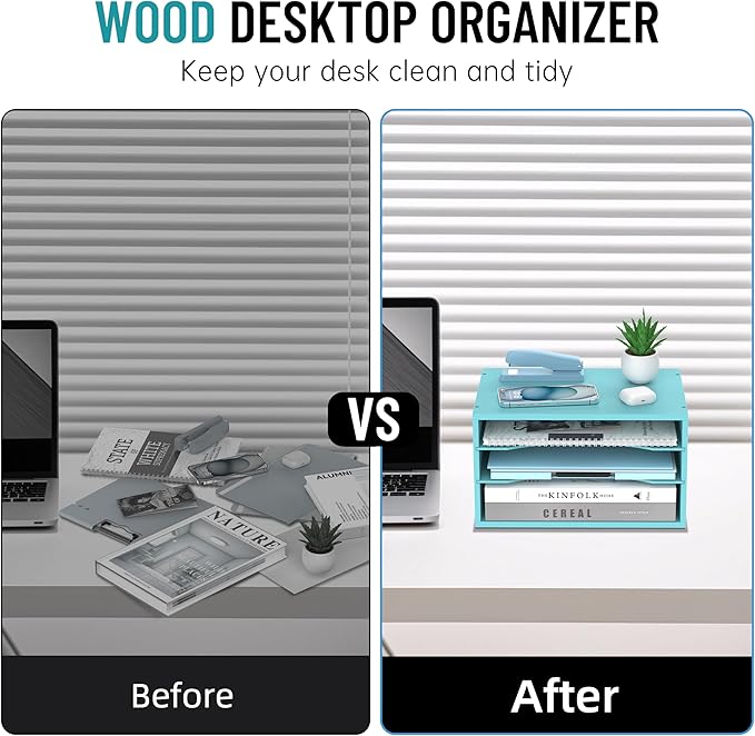 Wood Desk Organizer, 3 Tier Paper Tray Organizer for Desk with Adjustable Storage Shelves, Desktop File Organization Paper Sorter Mail Holder for Office Home Classroom, Blue