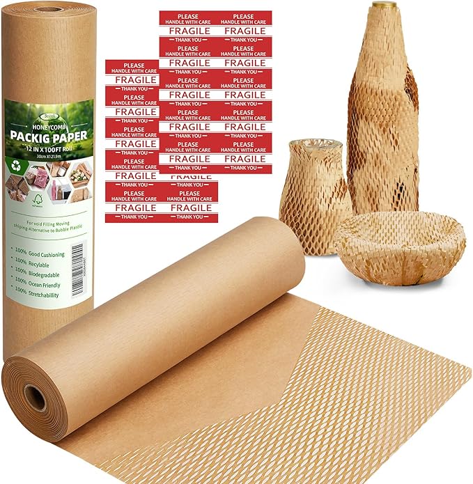 Honeycomb Packing Paper,12" W x 100' L Packing Paper for Moving,Products & Gifts Honeycomb Wrapping Paper,Recyclable and Biodegradable Cushioning Packing Material with 10 Fragile Sticker Labels