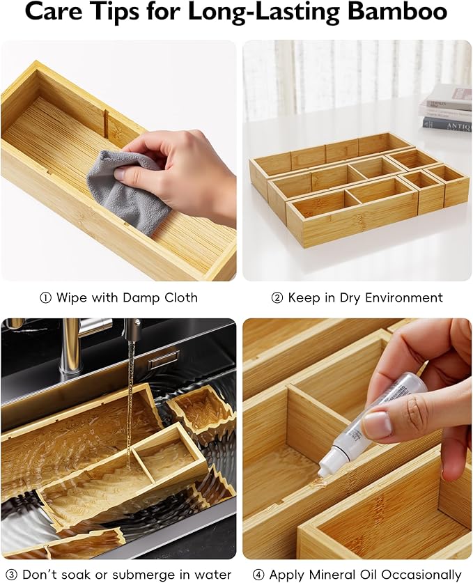 12-Piece Bamboo Desk Drawer Organizer Tray – Adjustable Storage Boxes with 24 Adjustable Compartments for Office Drawer, Jewelry, Vanity & Desk Accessories