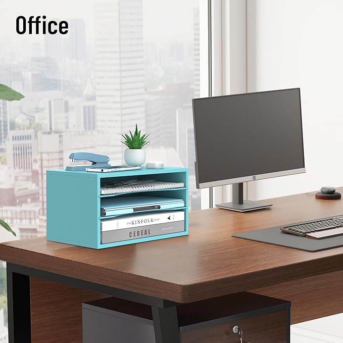 Wood Desk Organizer, 3 Tier Paper Tray Organizer for Desk with Adjustable Storage Shelves, Desktop File Organization Paper Sorter Mail Holder for Office Home Classroom, Blue