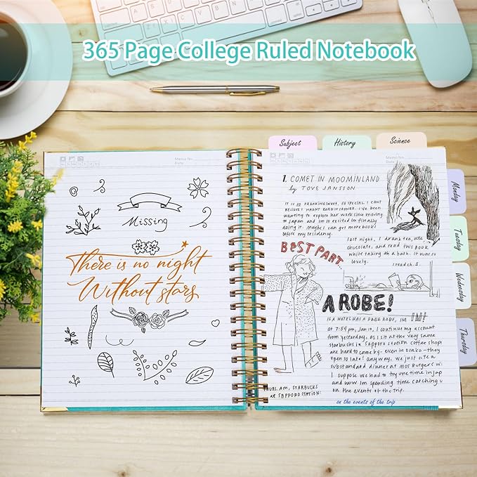 Spiral Notebook, 365 Page Hardcover Leather Notebook Journal, Large B5 Lined Journal for Women Men, College Ruled Notebooks for Work School, Journals for Writing, 24pcs Index Tabs, 8" x 10", Pink