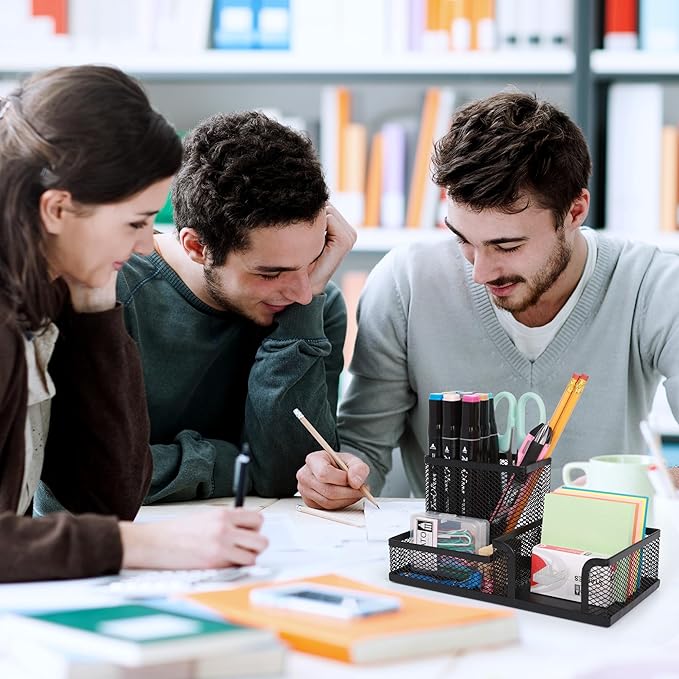 Ludato 4 Pieces 3 Compartments Mesh Pen Holder Desk Organizers Caddy and Accessories for Desk,Black Pencil Holder,Sticky Notes Holder for Home,Office and School