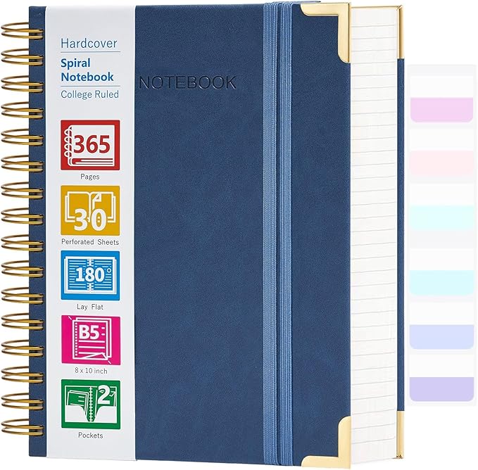 Spiral Notebook, 365 Page Hardcover Leather Notebook Journal, Large B5 Lined Journal for Women Men, College Ruled Notebooks for Work School, Journals for Writing, 24pcs Index Tabs, 8" x 10", Blue
