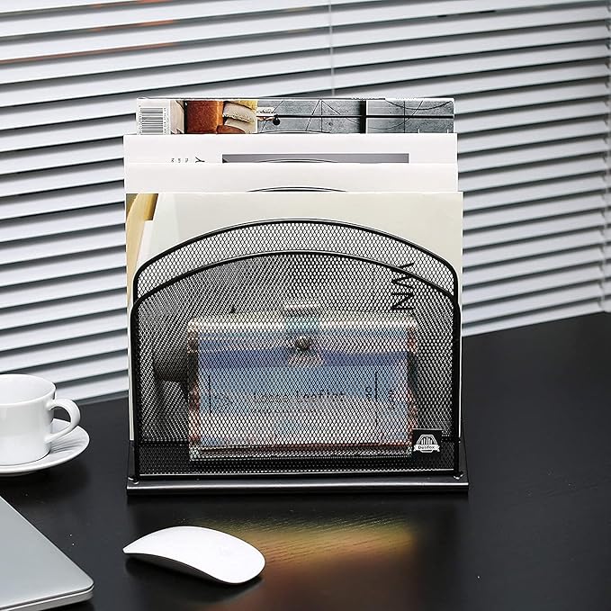 Inclined Desk File Organizer, 5-Section Vertical File Folder Holder Stand Metal Rack File Sorter for Office Classroom Desktop Organization (Black, 1Pack)