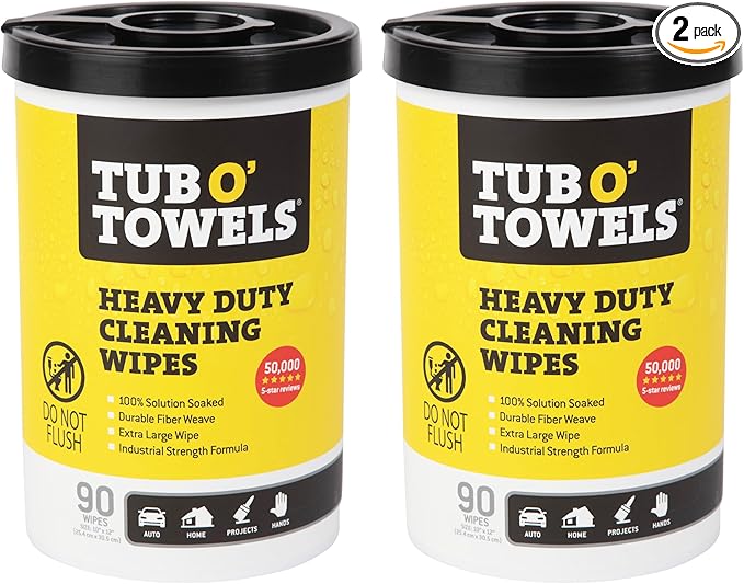 Tub O' Towels Heavy-Duty Multi-Surface Cleaning Wipes, 10" x 12", 90 Count Canister, Removes Grease, Grime, Tough Stains, Durable Disposable Wipes for Home, Garage, Outdoor Cleaning Tasks, 2-Pack