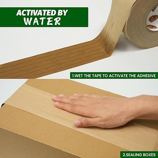 TAPEBEAR Water Activated Tape, Fiber Reinforced Gummed Tape 2inch x 165ft, Eco-Friendly Kraft Paper Tape Biodegradable Brown Packing Tape for Security Sealing, 24Rolls