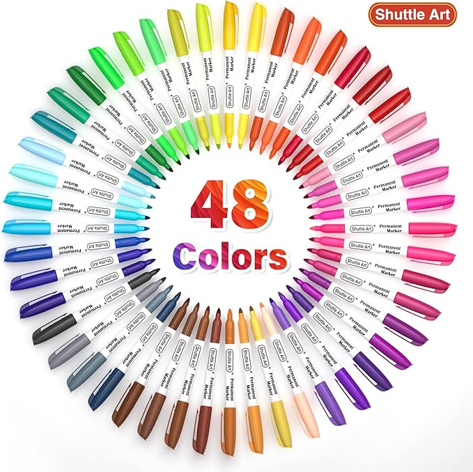 Shuttle Art 48 Colors Permanent Markers, Fine Point, Assorted Colors, Works on Plastic,Wood,Stone,Metal and Glass for Doodling, Coloring, Marking