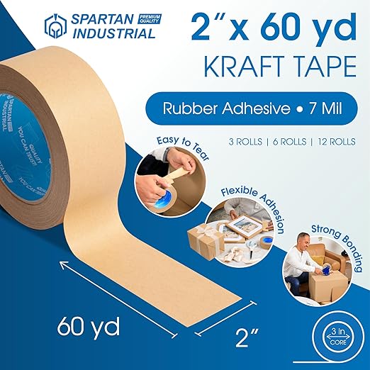 SPARTAN INDUSTRIAL - 2" X 60 yd Kraft Tape with Rubber Adhesive - 12 Rolls of Brown Packing Tape for Moving Boxes and Shipping - 7 Mil