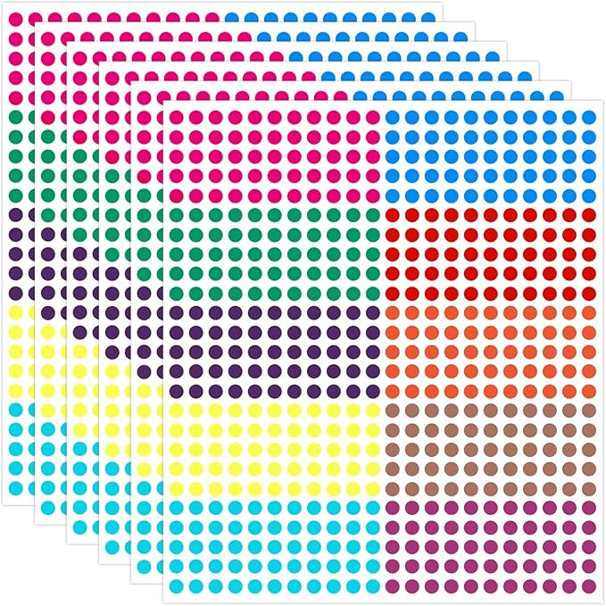 6 Sheets 1/4 Inch Small Colored Dot Stickers, Tiny Mini Round Circle Color-Coding Labels, Removable & Non-Printable, 20 Assorted Multicolored Colors, for Office, Classroom (3300 PCS Total)