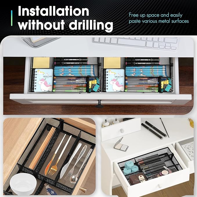 Desk Drawer Organizer Tray, 4 to 6 Grid Drawer Divider with 2 Adjustable Compartments, Metal Mesh Desk Organizer for Stationery Makeup Kitchen Toolroom School &Office, 12.6x8.26x1.57 in,1 PC