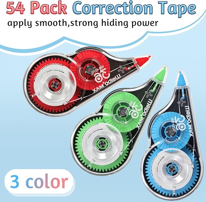 Mimorou 54 Pack Correction Tape Bulk White Correctional Fluid Tape Easy to Use Applicator Corrector Correct Wrong Writing Eraser for Office Education Supplies, 20 Feet