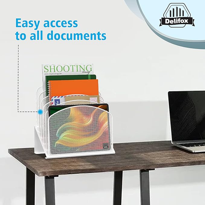 Inclined Desk File Organizer, 5-Section Vertical File Folder Holder Stand Metal Rack File Sorter for Office Classroom Desktop Organization (White, 2Pack)