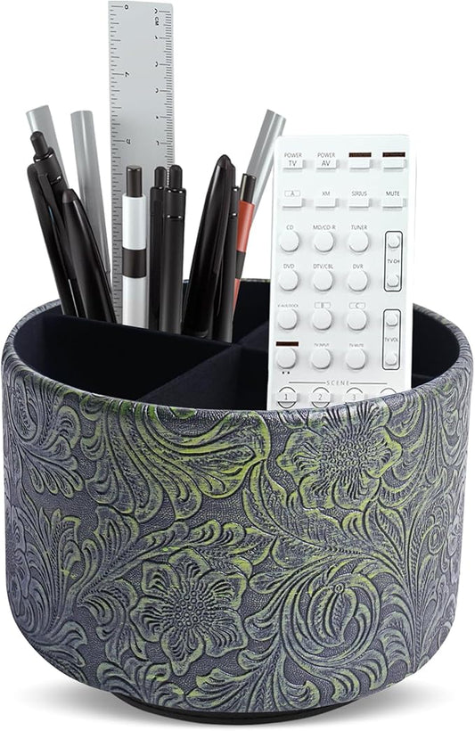 lizimandu Round Leather Art Supply Organizer,Remote Control Holder,360 Degree Spinning,Multi-Functional Pencil Holder,4 Compartments Desktop Stationary Organizer(1-Carved Metal Green2)