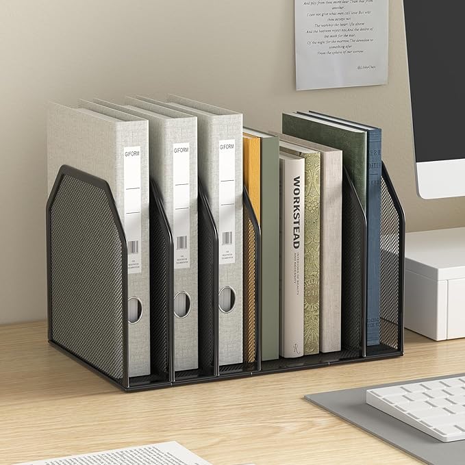 Metal 7-Section File Folder Organizer for Desk | Vertical Office File Holder | Heavy-Duty Mesh Document Sorter for Books, Binders, Laptops | Black Desk Organizer (12.8”x8.5”x7.9”)