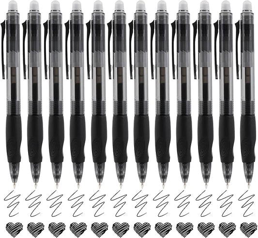 USUAL Retractable Erasable Pens 12 Colored Erasable Gel Pen 0.5mm Erasable Gel Pens Black Make Mistakes Disappear Smooth Writing Pen Office Back-to-School Supplies (Black)