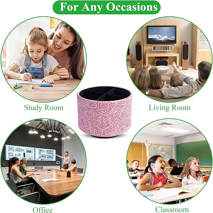 lizimandu Round Leather Art Supply Organizer,Remote Control Holder,360 Degree Spinning,Multi-Functional Pencil Holder,4 Compartments Desktop Stationary Organizer(1-Carved Pink)