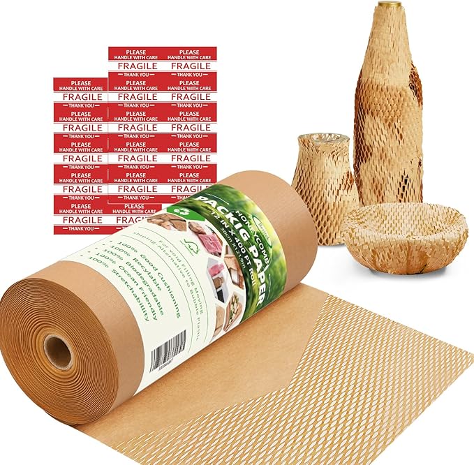 Honeycomb Packing Paper, 12" x 400' Honeycomb Cushioning Wrap Roll for Moving Shipping Packaging Gifts, Recyclable Honeycomb Paper Bubble Paper Wrapping with 20 Fragile Sticker Labels