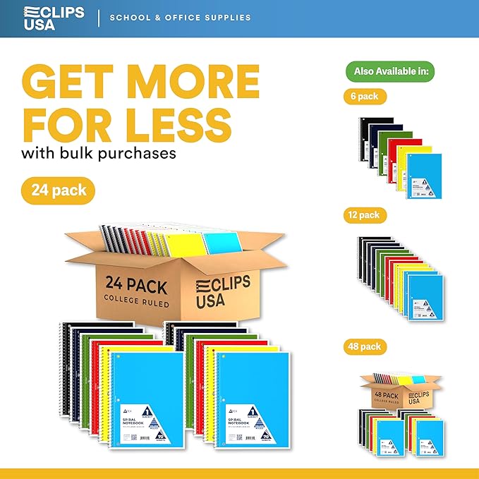 Spiral Notebook, College Ruled Notebooks, 70 Sheets, Single Subject, Notebooks Bulk, 6 Color Assortment, 3 Hole Perforated Sheets (24, College Ruled)