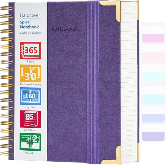 Spiral Notebook, 365 Page Hardcover Leather Notebook Journal, Large B5 Lined Journal for Women Men, College Ruled Notebooks for Work School, Journals for Writing, 24pcs Index Tabs, 8" x 10", Purple