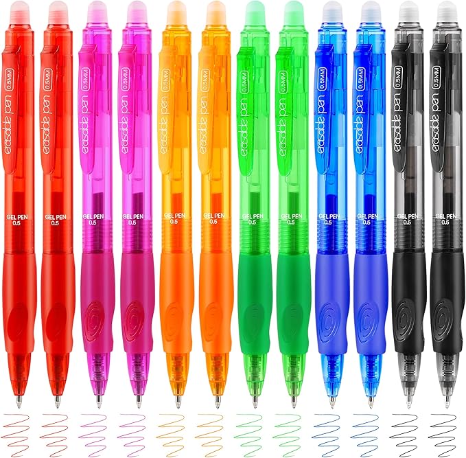 USUAL Retractable Erasable Pens 12 Colored Erasable Gel Pen 0.5mm Erasable Gel Pens Black Make Mistakes Disappear Smooth Writing Pen Office Back-to-School Supplies (12 Pcs-6 Colors)