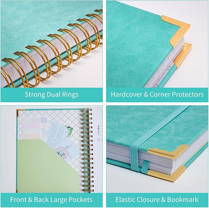 Spiral Notebook, 365 Page Hardcover Leather Notebook Journal, Large A5 Lined Journal for Women Men, College Ruled Notebooks for Work School, Journals for Writing, 24pcs Index Tabs, 5.5" x 8.5", Green