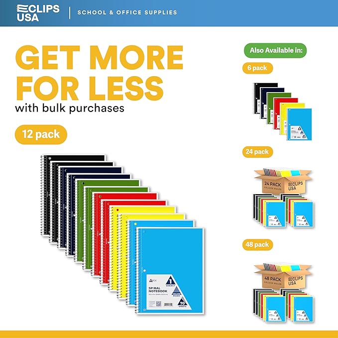 Spiral Notebook, College Ruled Notebooks, 70 Sheets, Single Subject, Notebooks Bulk, 6 Color Assortment, 3 Hole Perforated Sheets (12, College Ruled)