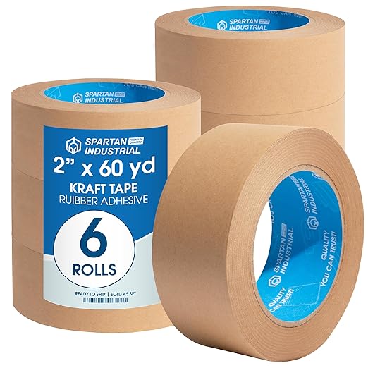 SPARTAN INDUSTRIAL - 2" X 60 yd Kraft Paper Tape with Rubber Adhesive - 6 Rolls of Brown Box Tape for Shipping and Moving - 7 Mil
