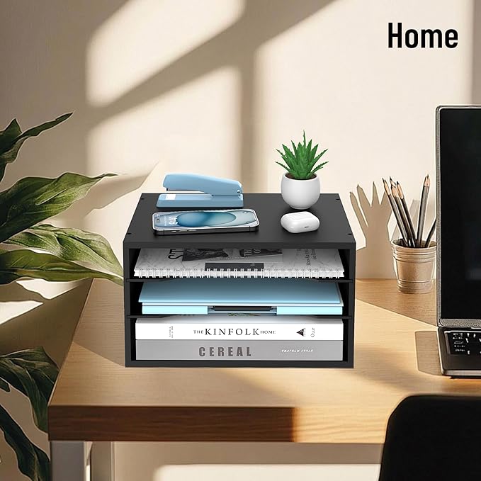 Wood Desk Organizer, 3 Tier Paper Tray Organizer for Desk with Adjustable Storage Shelves, Desktop File Organization Paper Sorter Mail Holder for Office Home Classroom, Black