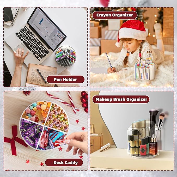 Absonic Pencil Holder for Kids, 360 Rotating Pen Holder for Desk Organizer and Storage, 4 Compartments Art Supply Marker Organizer, Acrylic Kids Desk Organizer for School Lazy Susan Organizer