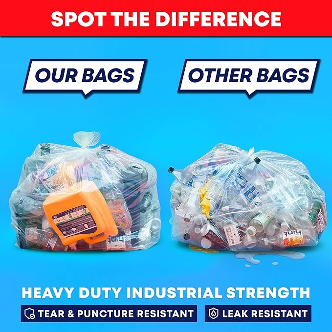 55 Gallon Clear Trash Bags, (50 Bags w/Ties) Large Clear Plastic Recycling Garbage Bags