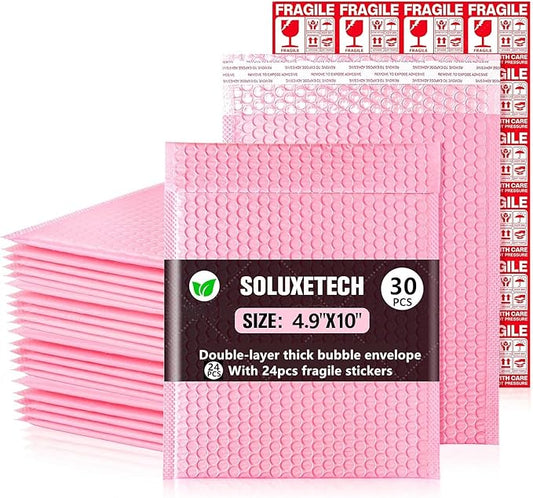 Bubble Mailers 4x10" 30 Pack and 24PCS Fragile Stickers Bright Pink Thick Waterproof Padded Poly Envelopes Small Bubble Wrap Mailers Self Seal Shipping Bag for Mailing Jewelry Makeup Small Business#0