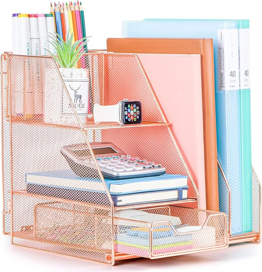 Topwey Rose Gold Desk Accessories, Office Supplies Desk Organizer Caddy with Sliding Drawer, Double Tray, File Organizer and pen holder for Home, Office School